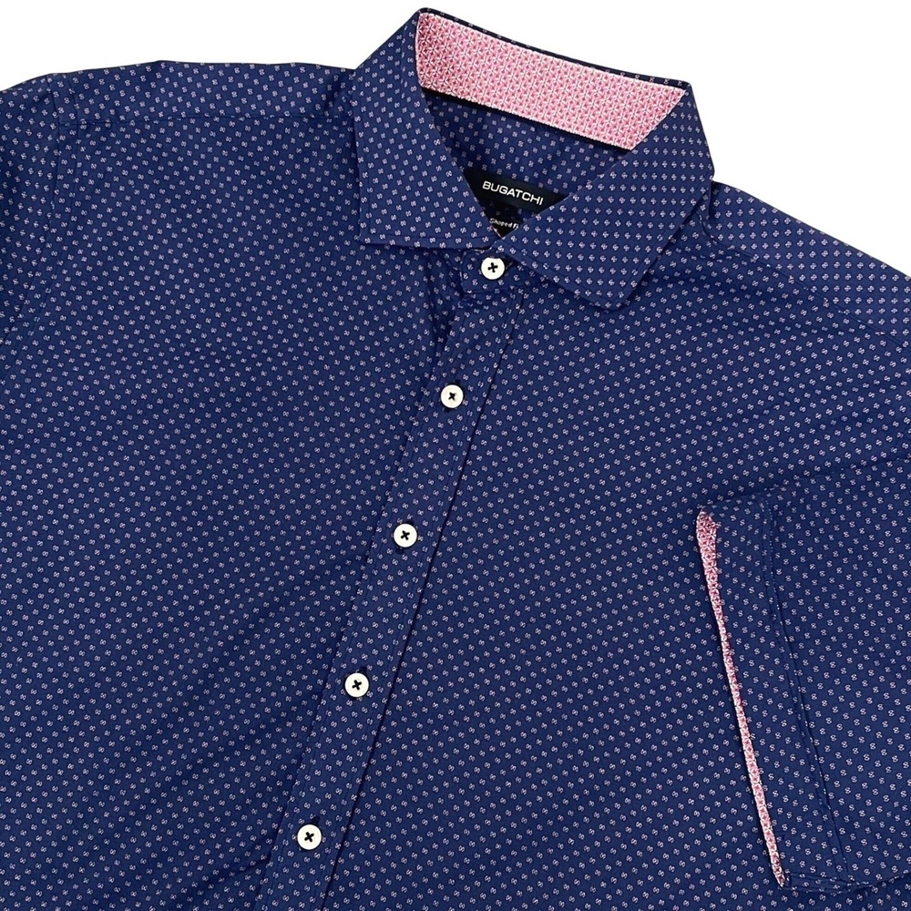 Bugatchi Mens Shirt XL Blue Geometric Shaped Fit Button Up Short Sleeve Stretch